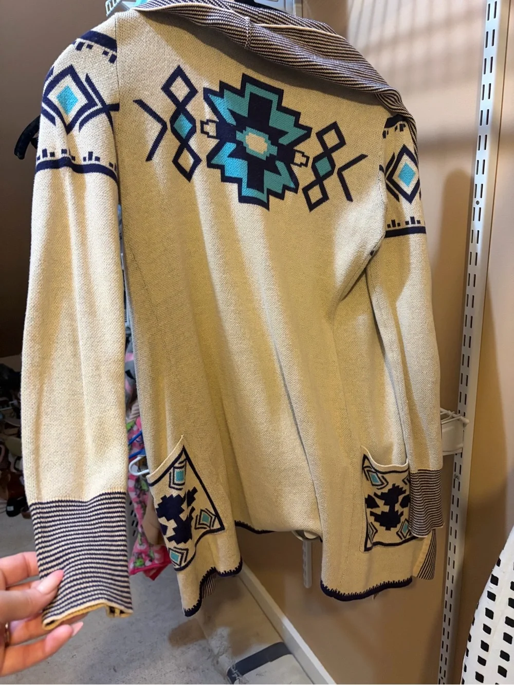 Urban Outfitters Cream Cardigan with Turquoise & Navy Aztec Motif